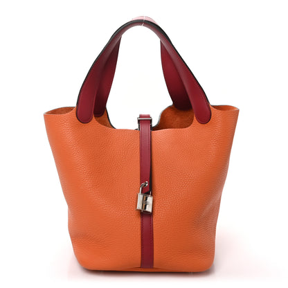 Hermes Taurillon Clemence Swift Eclat Picotin Lock 22 MM Orange Rouge Grenat 1 of 10