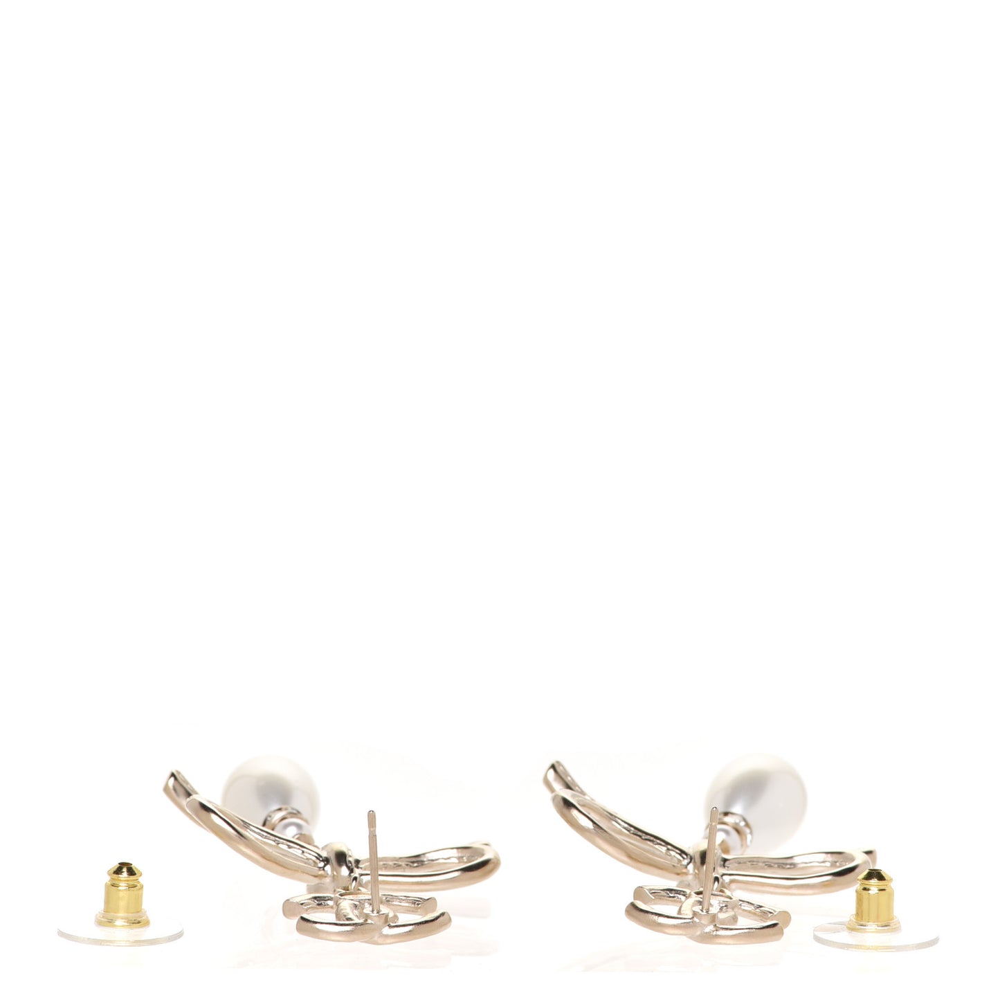 Pearl Crystal CC Bow Drop Earrings Gold Pearly White