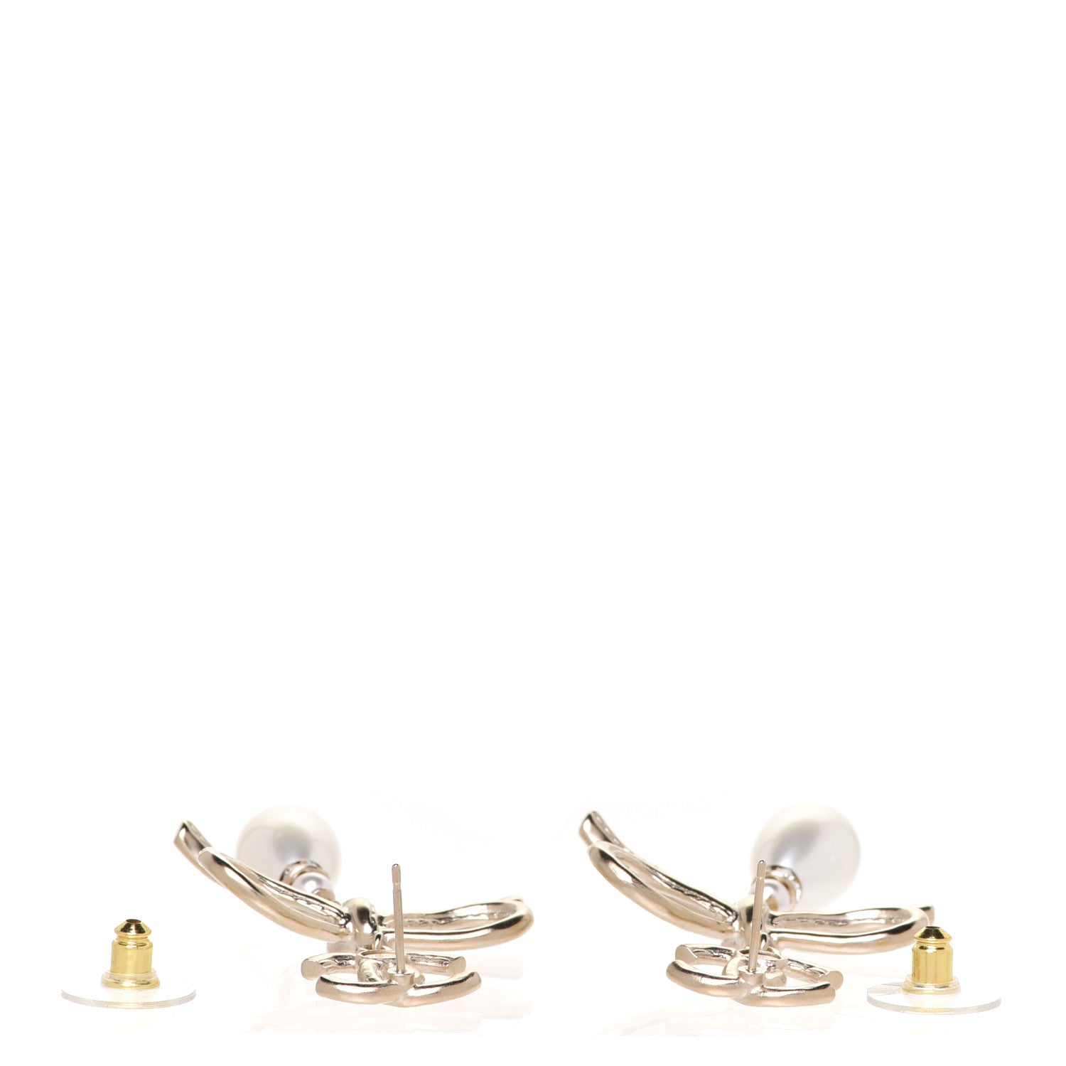 Chanel Pearl Crystal CC Bow Drop Earrings Gold Pearly White 3 of 5