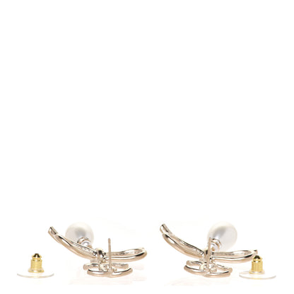 Chanel Pearl Crystal CC Bow Drop Earrings Gold Pearly White 3 of 5