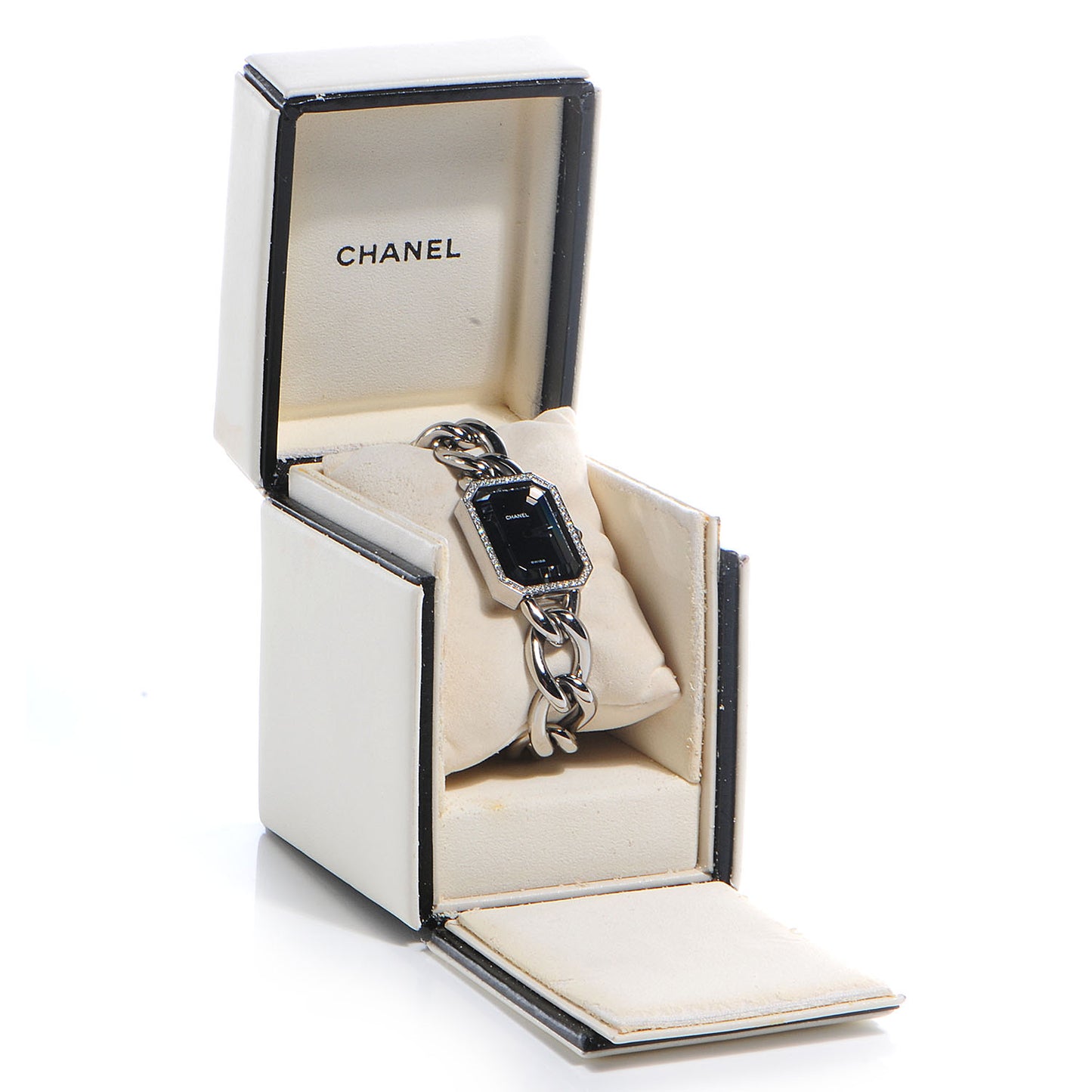 Stainless Steel Diamond Bezel 20mm Chain Premiere Quartz Watch Black S