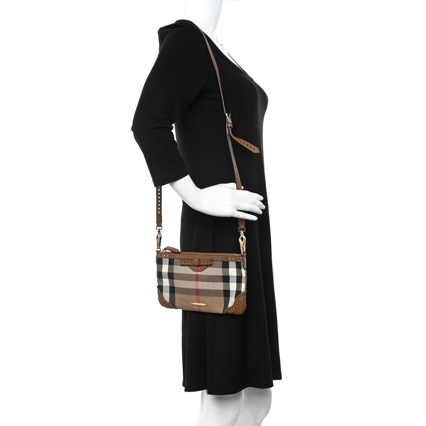 House Check Calfskin Broguing Crossbody Clutch Bag Brown