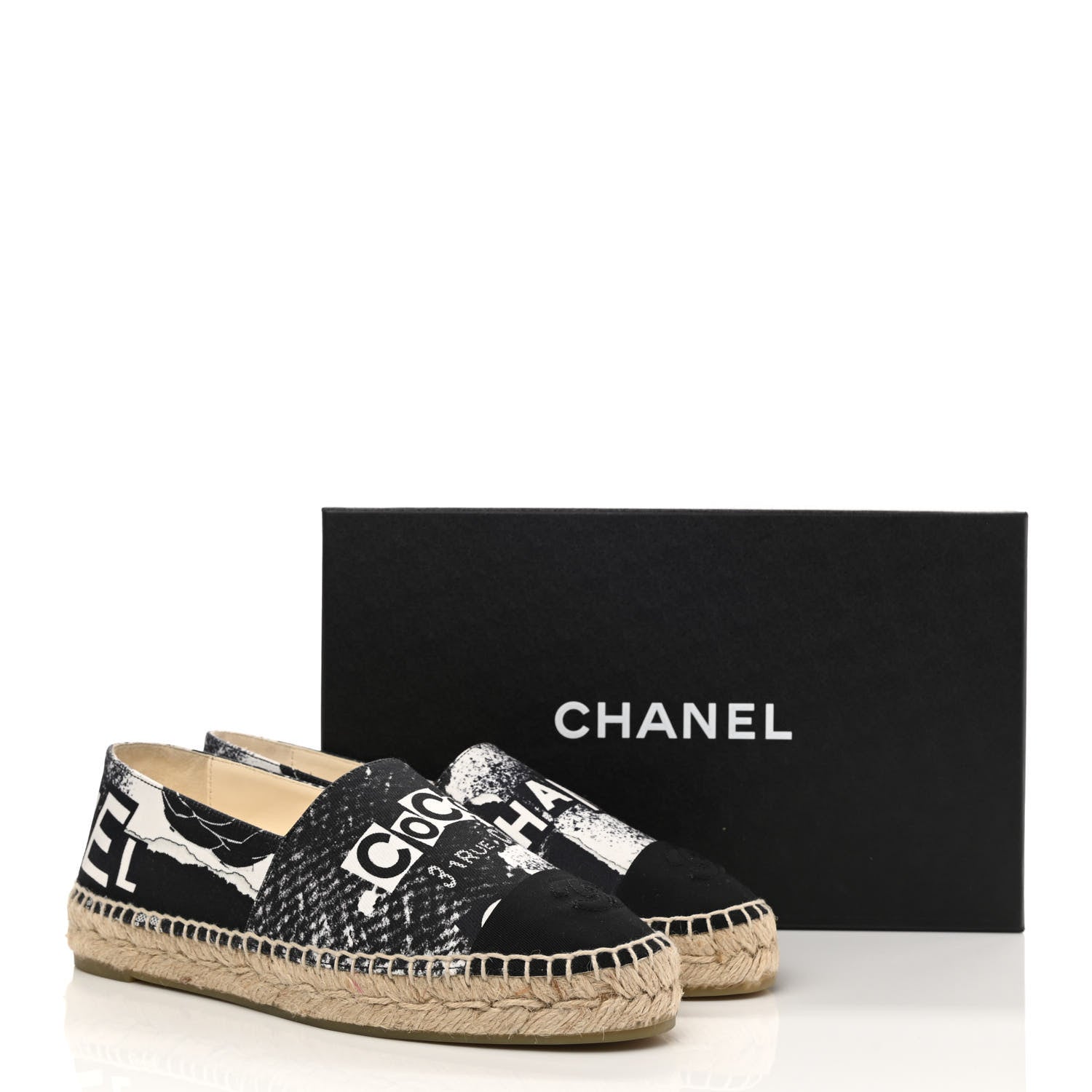 Chanel Printed Canvas Grosgrain 31 Rue Cambon Espadrilles 38 Black White 9 of 9