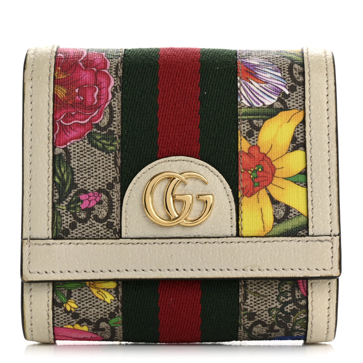 Gucci GG Supreme Monogram Flora Textured Calfskin Web Ophidia Card Case Wallet Beige Ebony Multicolor Mystic White 1 of 13