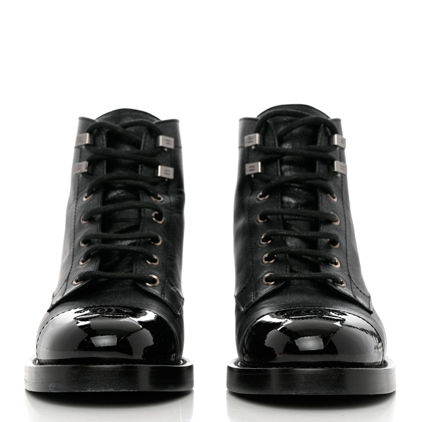 Iridescent Calfskin Patent Cap Toe Combat Boots 36.5 Black