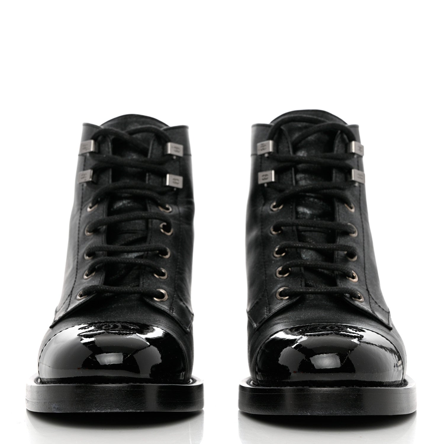 Chanel Iridescent Calfskin Patent Cap Toe Combat Boots 36.5 Black 2 of 10