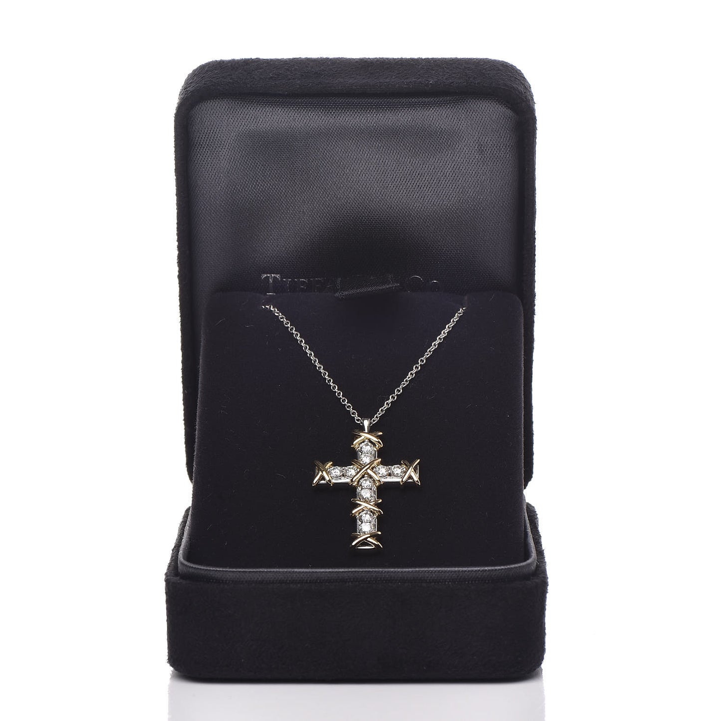 Platinum 18K Yellow Gold Diamond Schlumberger Cross Pendant Necklace