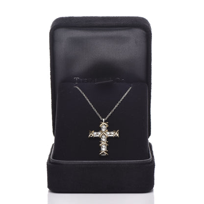 Tiffany Platinum 18K Yellow Gold Diamond Schlumberger Cross Pendant Necklace 8 of 8