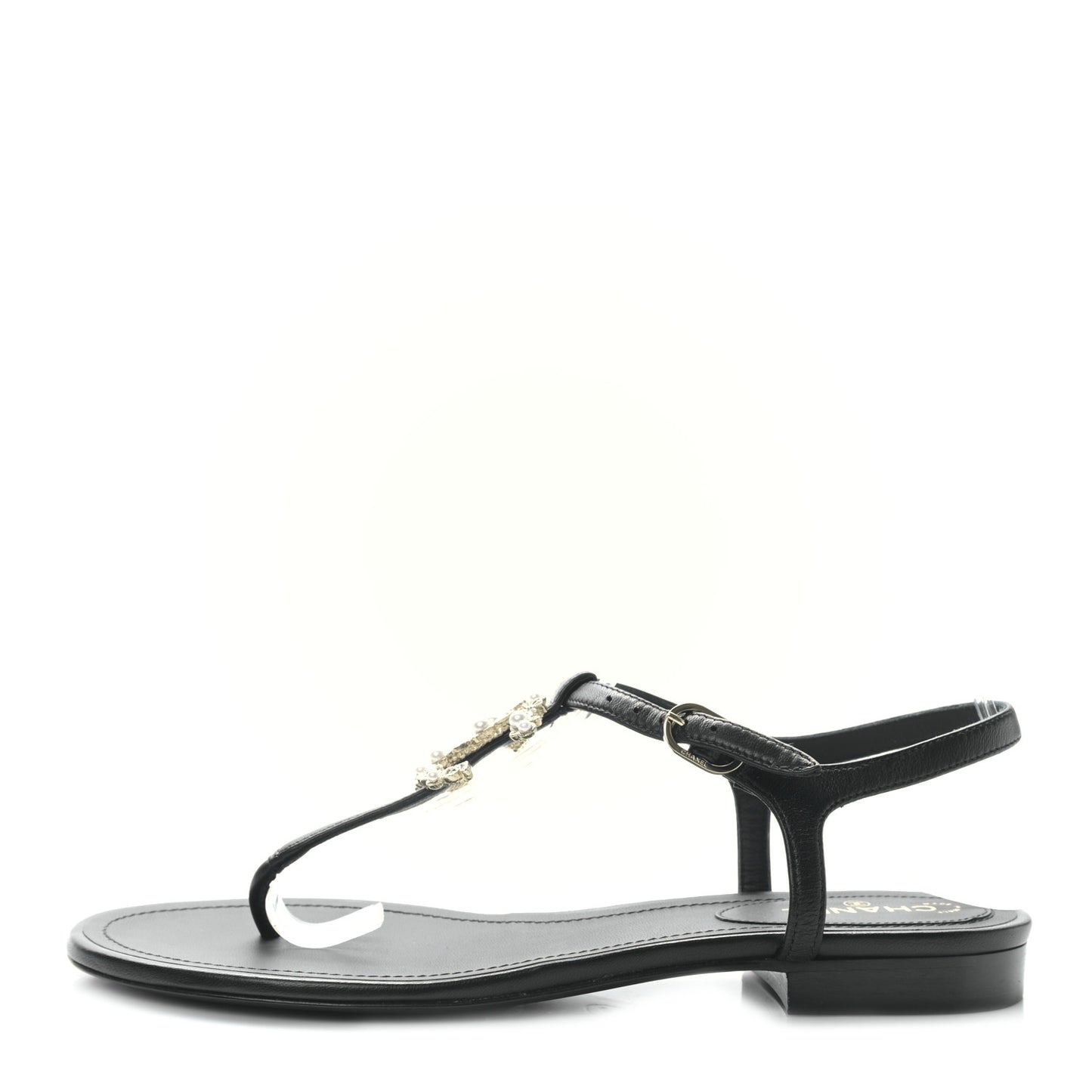 Lambskin Pearl Crystal CC Thong Sandals 37.5 Black