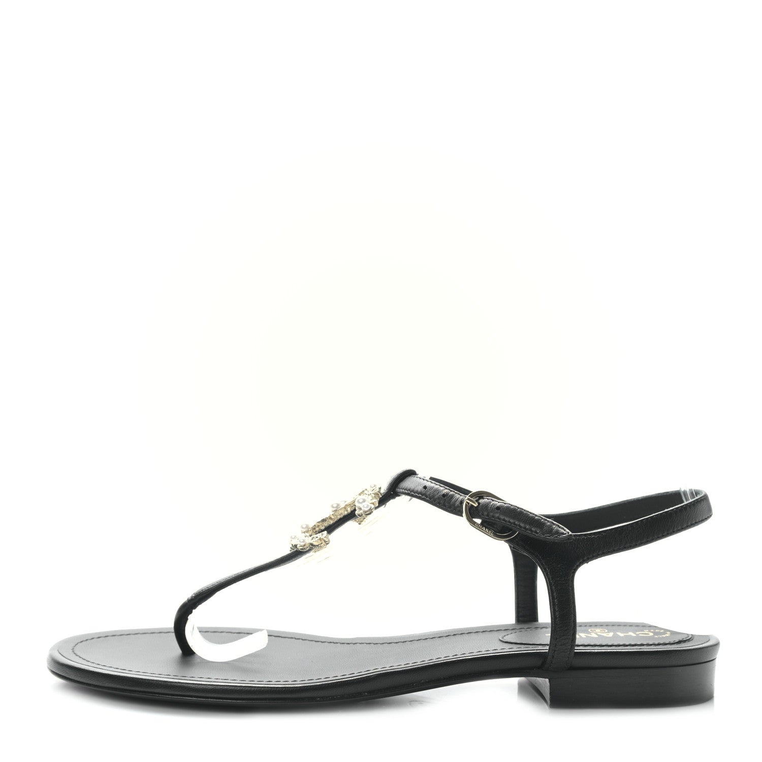 Chanel Lambskin Pearl Crystal CC Thong Sandals 37.5 Black 1 of 7