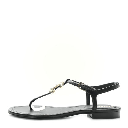 Chanel Lambskin Pearl Crystal CC Thong Sandals 37.5 Black 1 of 7