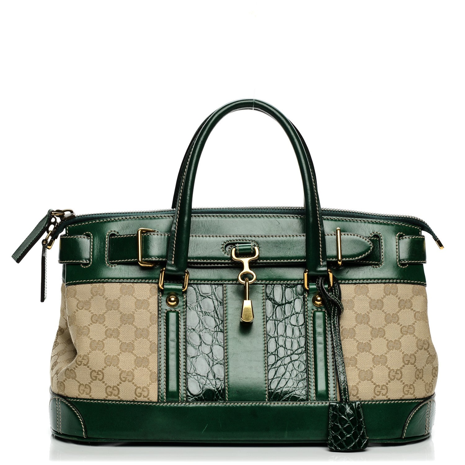 Gucci Monogram Crocodile Web Secret Top Handle Satchel Green 1 of 9