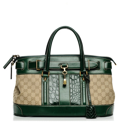 Gucci Monogram Crocodile Web Secret Top Handle Satchel Green 1 of 9