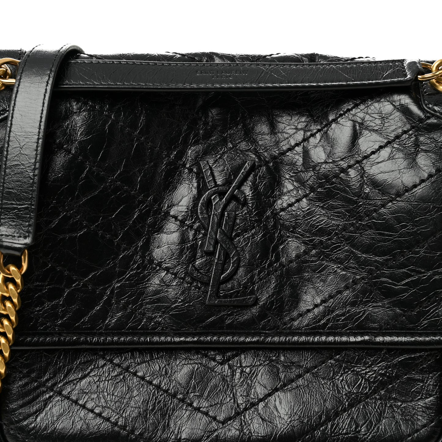 Crinkled Calfskin Matelasse Monogram Medium Niki Chain Satchel Black