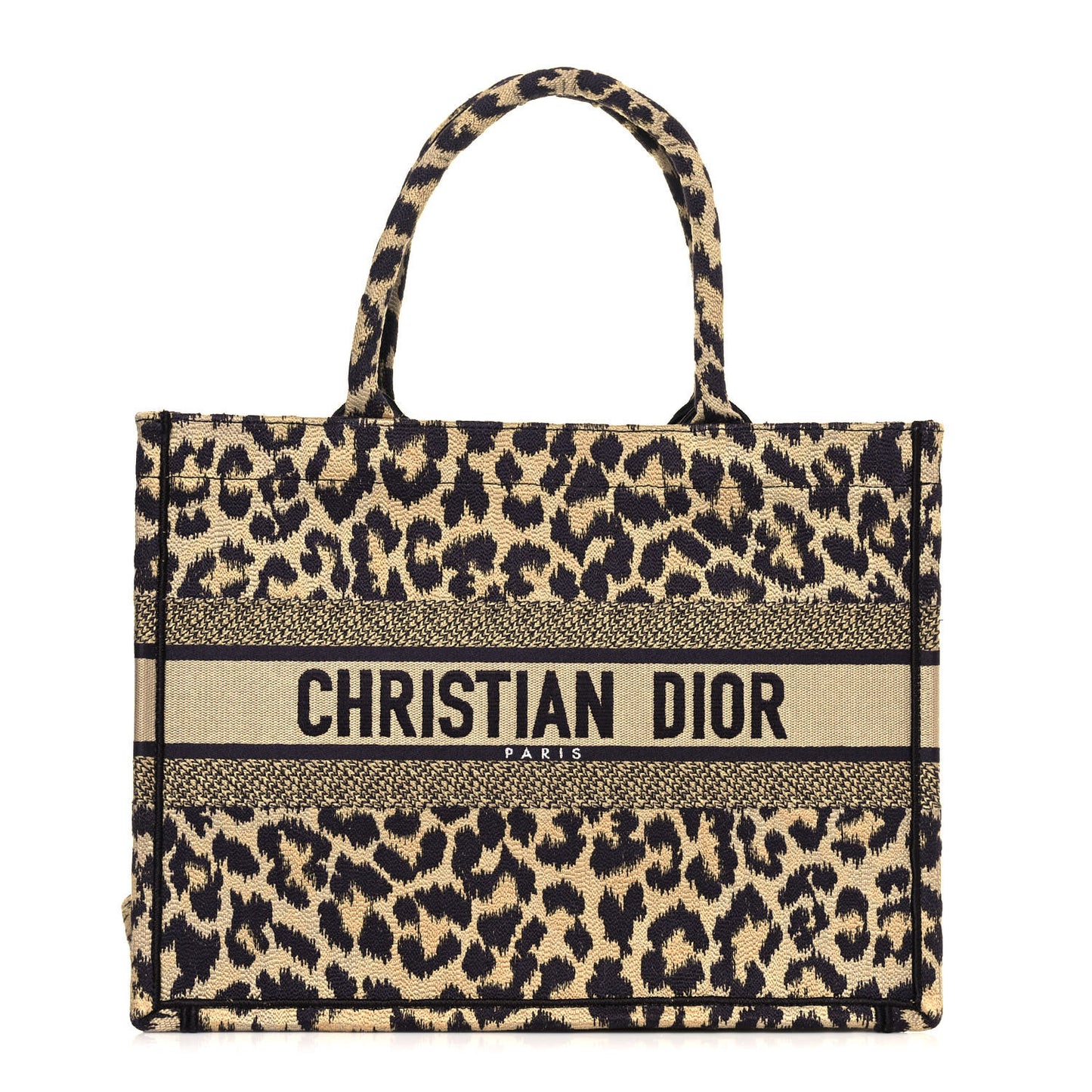 Canvas Mizza Embroidered Medium Leopard Book Tote Beige