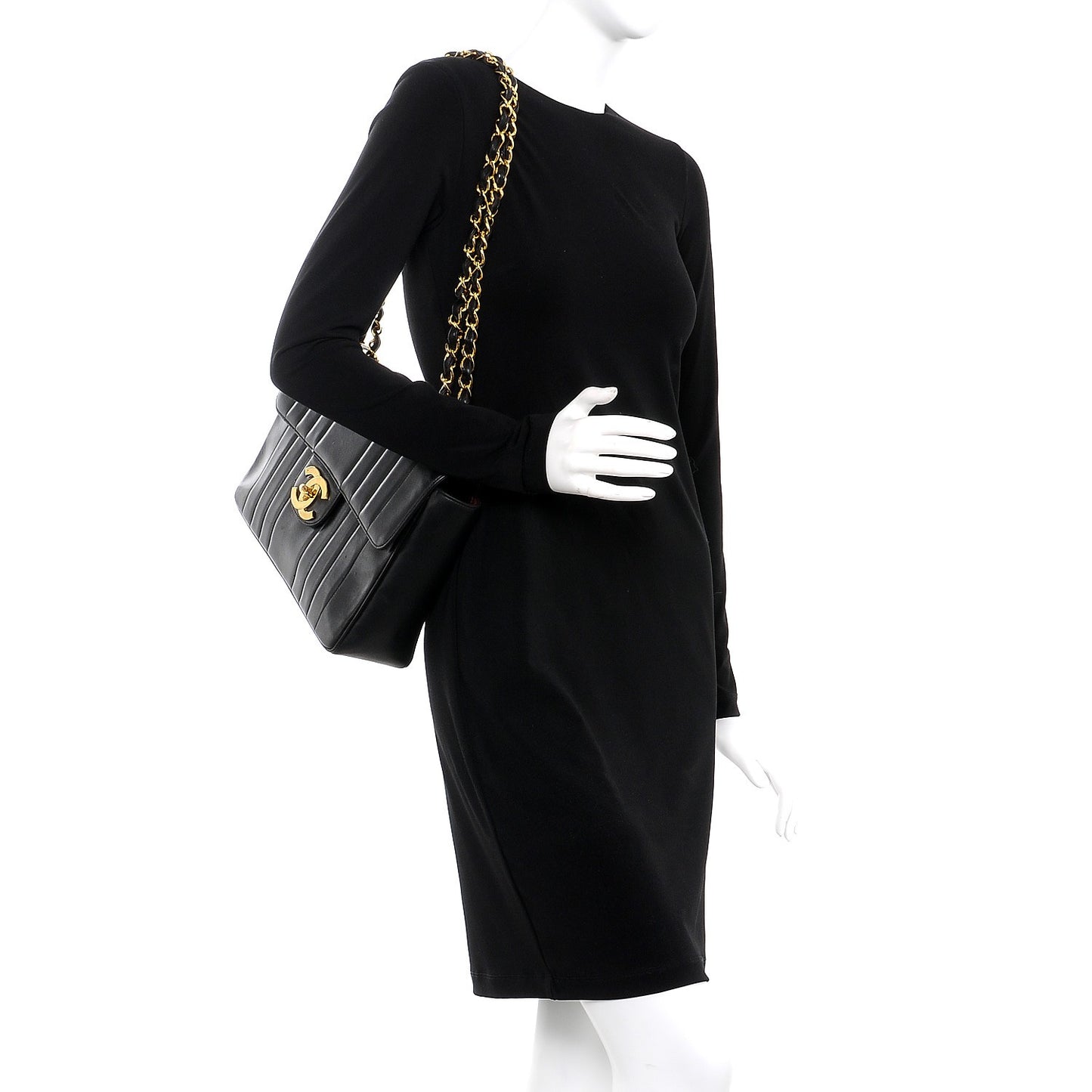 Lambskin Vertical Quilt Jumbo Single Flap Black
