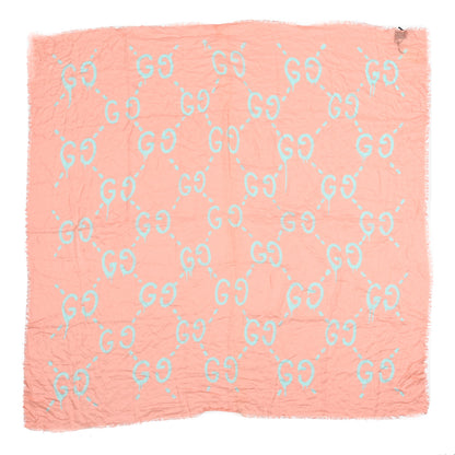 Gucci Modal Silk GG Writers Fringe Shawl Old Rose Sky Blue 1 of 3
