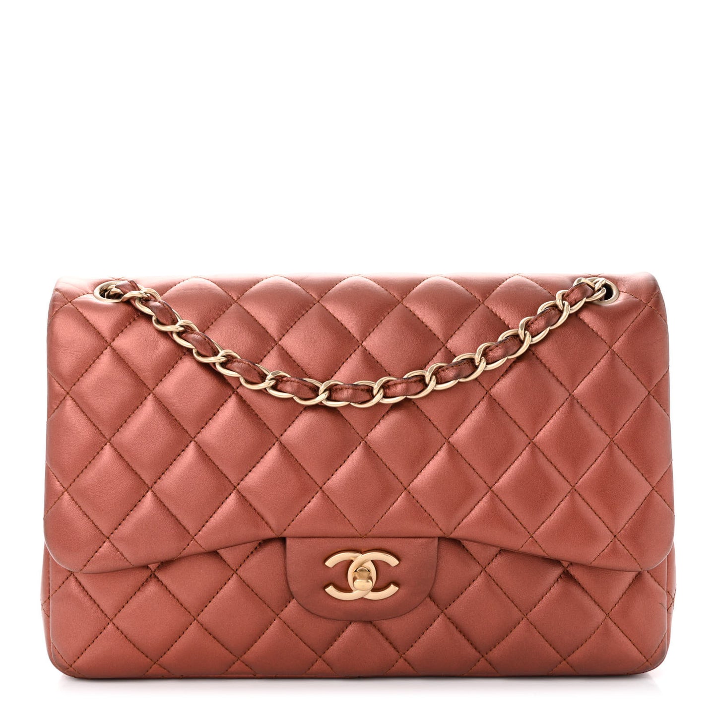 Metallic Lambskin Quilted Jumbo Double Flap Copper