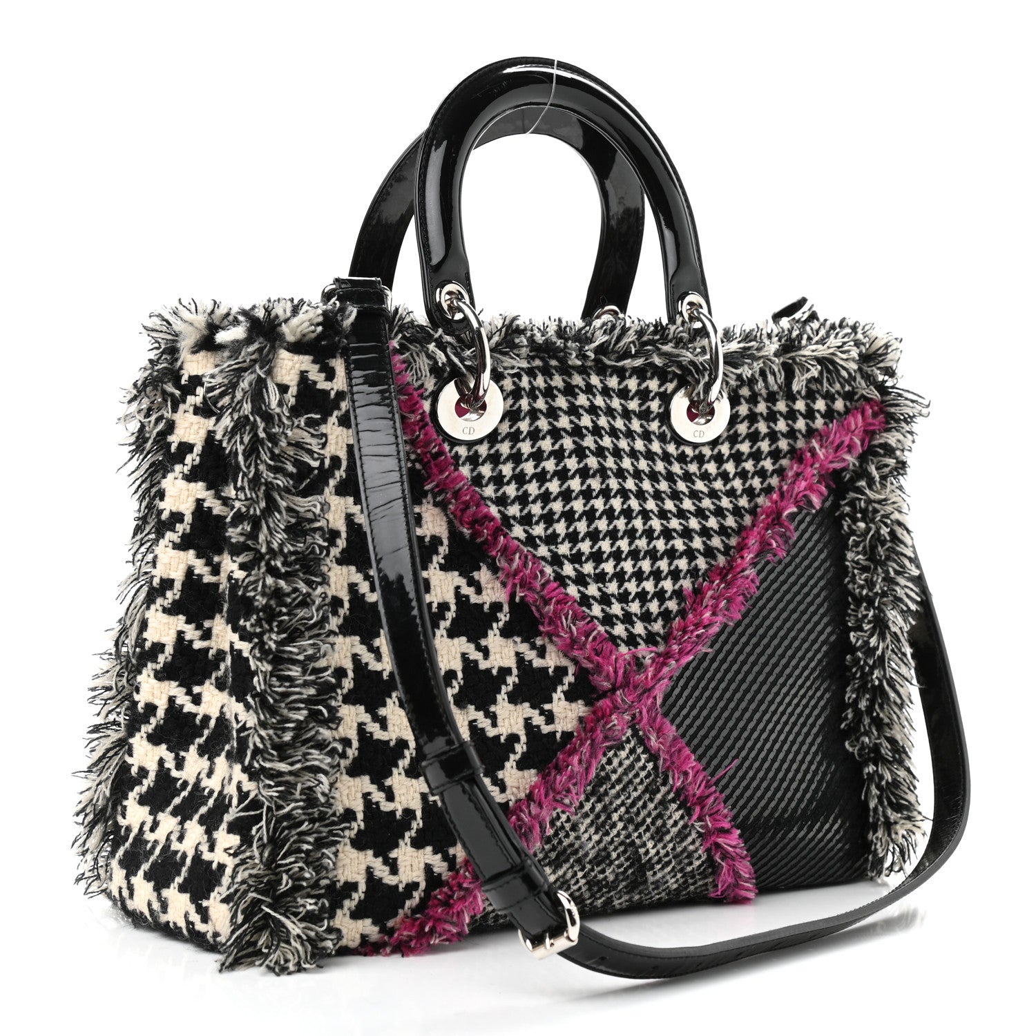 Christian Dior Patent Tweed Fringe Patchwork Lady Dior Black Multicolor 3 of 13