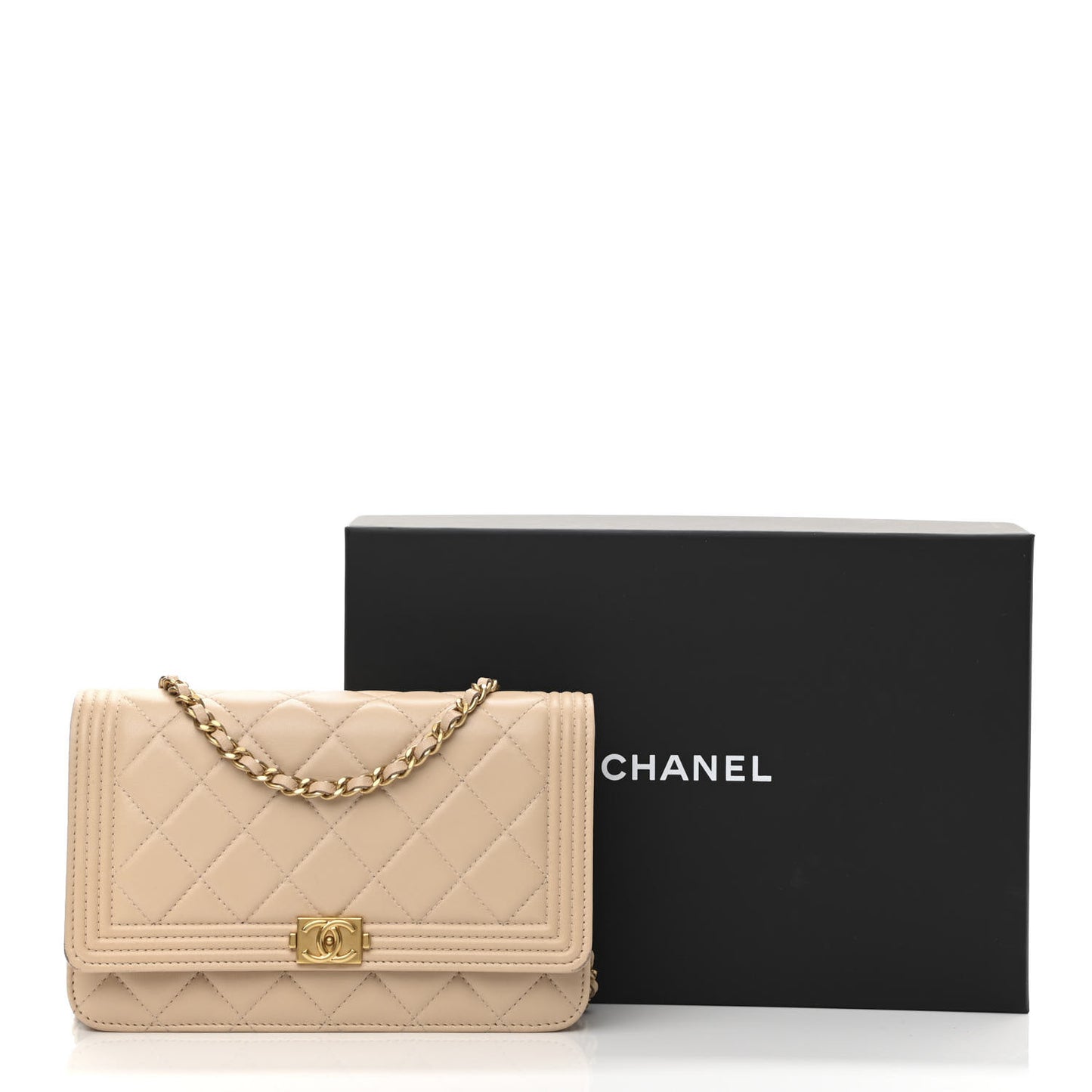Lambskin Quilted Boy Wallet On Chain WOC Beige