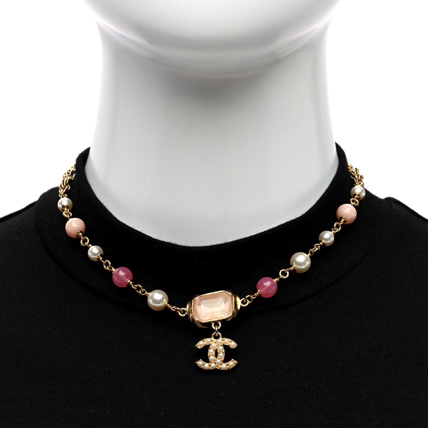 Chanel Crystal Pearl Bead CC Choker Gold Pink 2 of 4