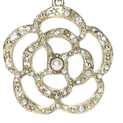 Chanel Pearl Crystal Large Camellia Pendant Necklace Light Gold 4 of 6