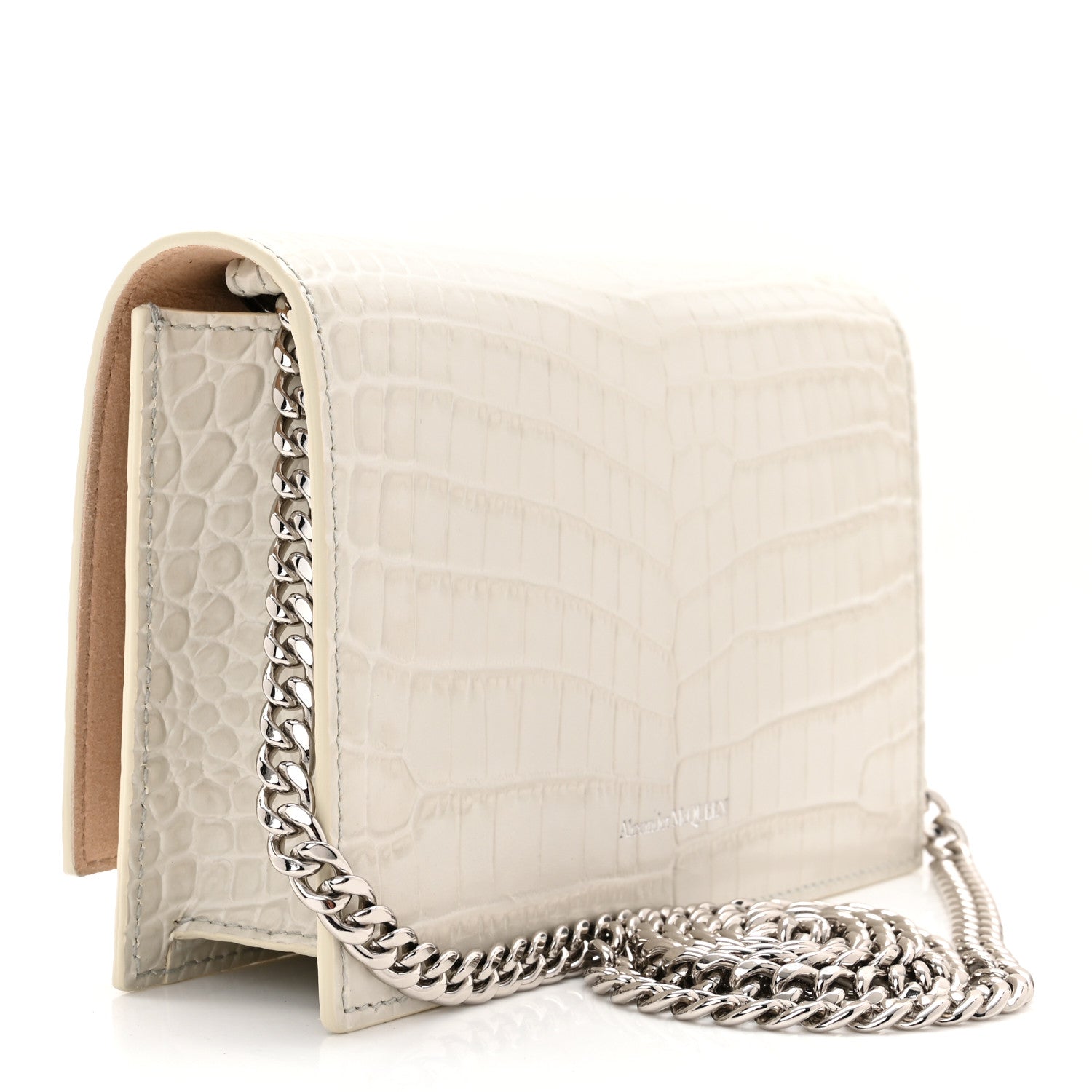 Alexander McQueen Calfskin Crocodile Embossed Skull Mini Crossbody Bag White 3 of 10