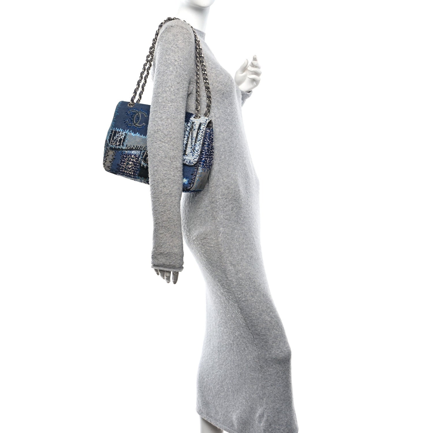 Chanel Denim Tweed Patchwork Jumbo Single Flap Blue 2 of 12