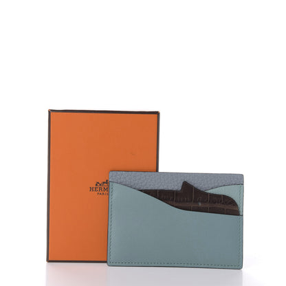 Hermes Swift Togo Crocodile Hippopotame Petit H Card Case Bleu Saint Cyr Bleu Lin Ciel Chocolate 7 of 7