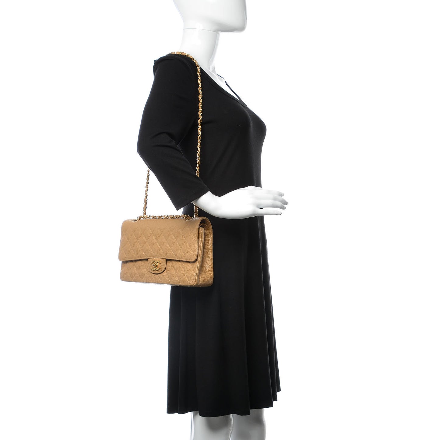 Caviar Quilted Medium Double Flap Beige