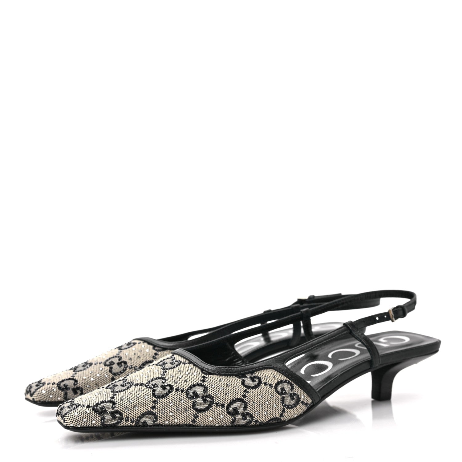 Gucci GG Monogram Malaga Kid Crystal Square G 35mm Slingback Pumps 37.5 Beige Blue 3 of 8