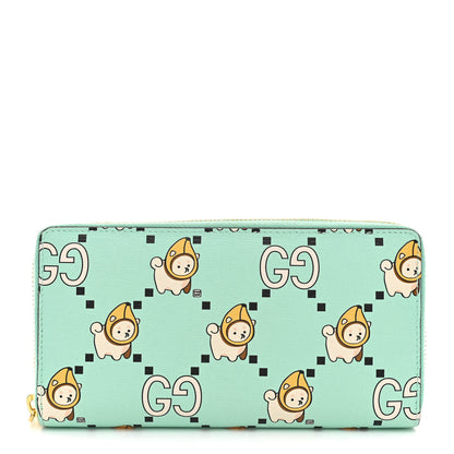 Gucci X PIKARAR Textured Dollar Calfskin Animal Print Zip Around Wallet Green 1 of 8