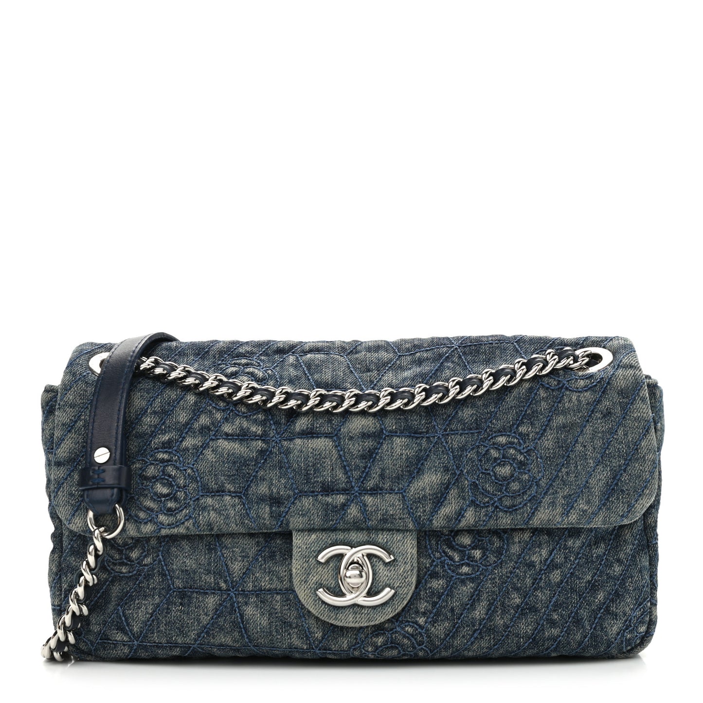 Denim Quilted Camellia Embroidered Medium Flap Blue