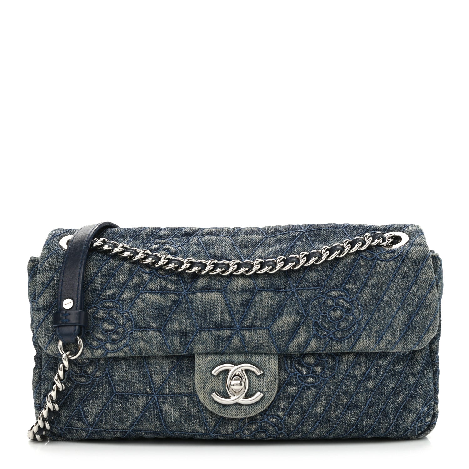 Chanel Denim Quilted Camellia Embroidered Medium Flap Blue 1 of 9