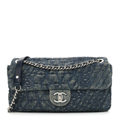 Chanel Denim Quilted Camellia Embroidered Medium Flap Blue 1 of 9