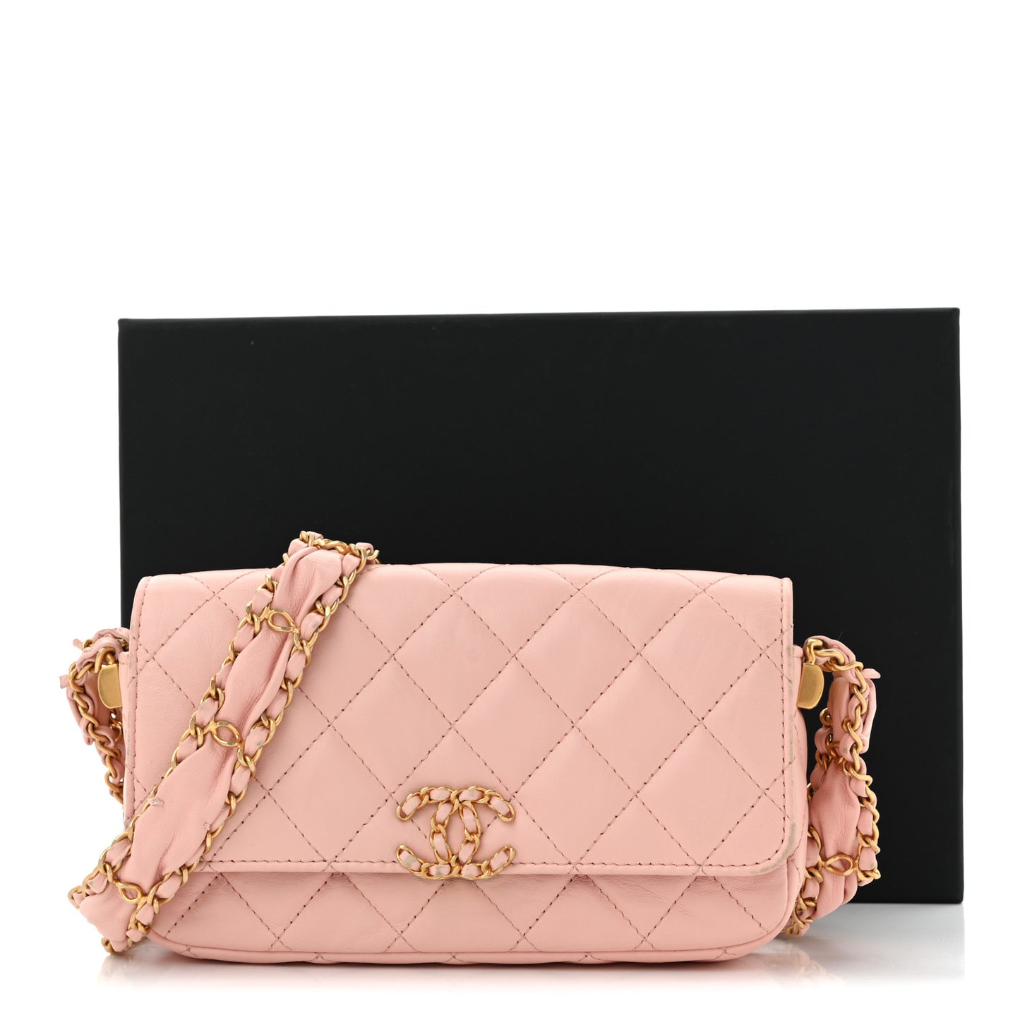 Crumpled Calfskin Quilted Braided CC Mini Flap Light Pink