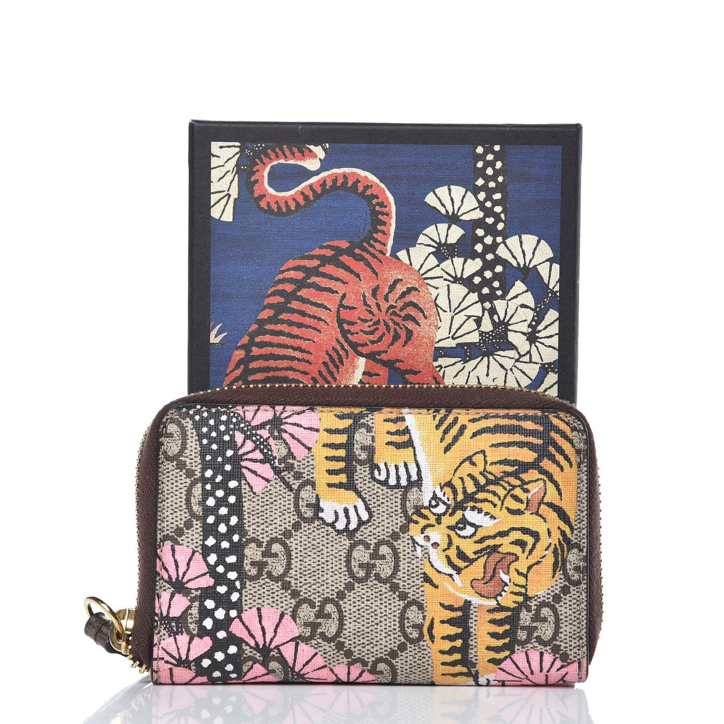 GG Supreme Monogram Bengal Zip Around Card Case Wallet Beige Pink