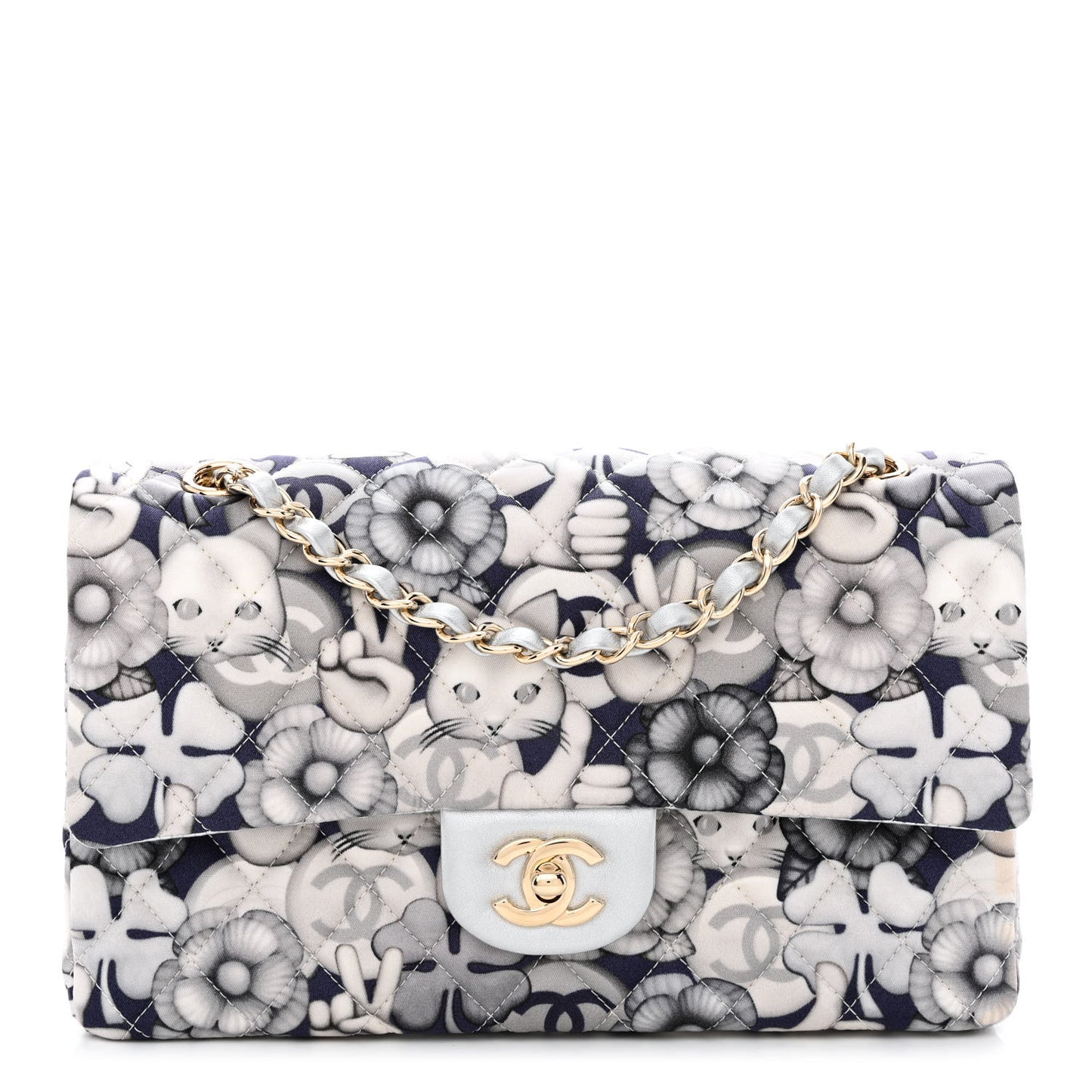 Nylon Quilted Medium Cat Emoticon Double Flap Navy Grey Ecru