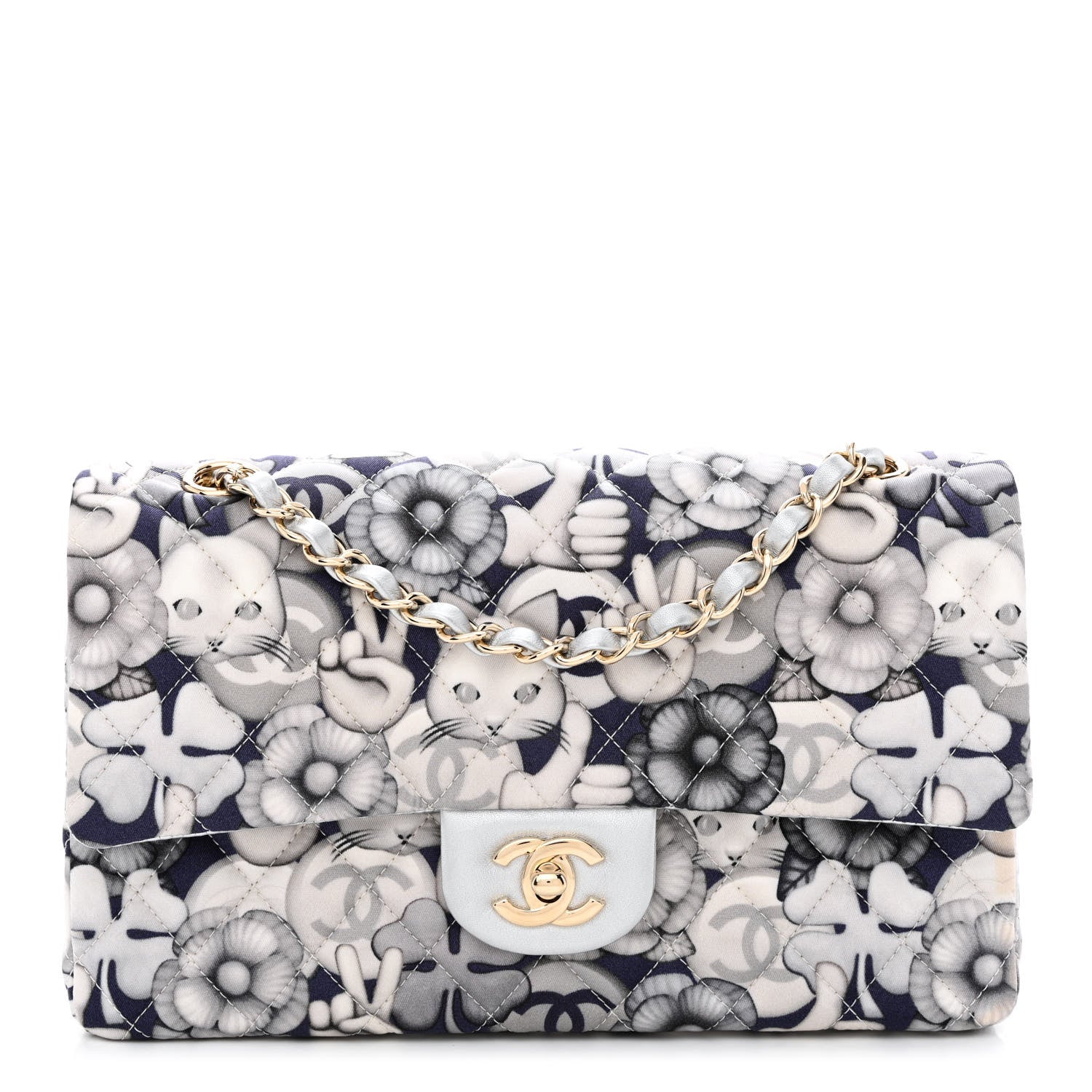 Chanel Nylon Quilted Medium Cat Emoticon Double Flap Navy Grey Ecru 1 of 12