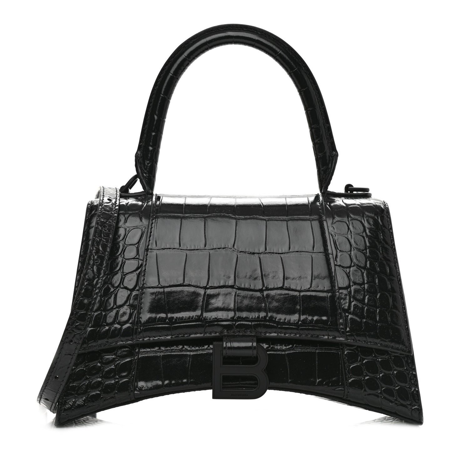 Shiny Calfskin Monochrome Crocodile Embossed Small Hourglass Top Handle Bag Black