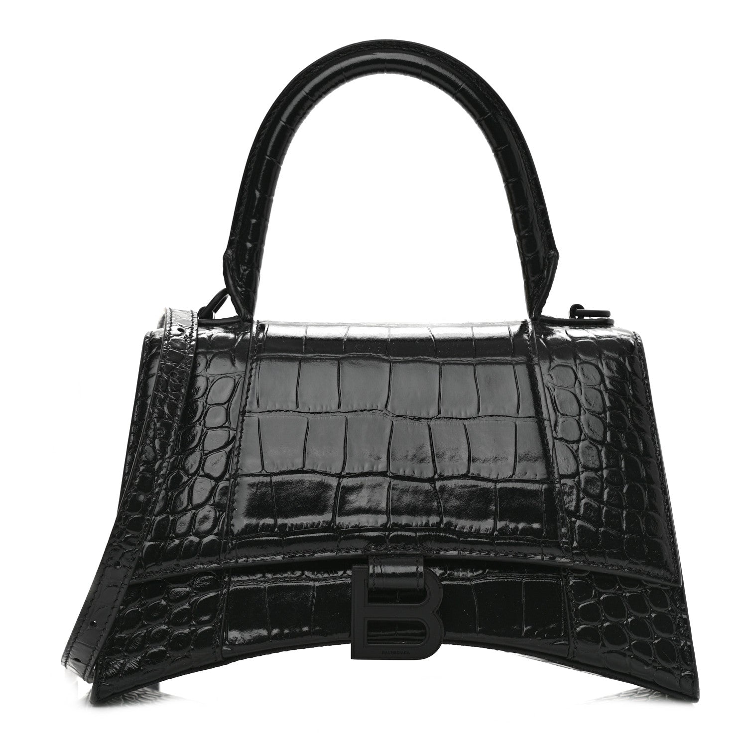 Balenciaga Shiny Calfskin Monochrome Crocodile Embossed Small Hourglass Top Handle Bag Black 1 of 8