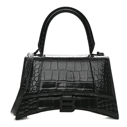 Balenciaga Shiny Calfskin Monochrome Crocodile Embossed Small Hourglass Top Handle Bag Black 1 of 8