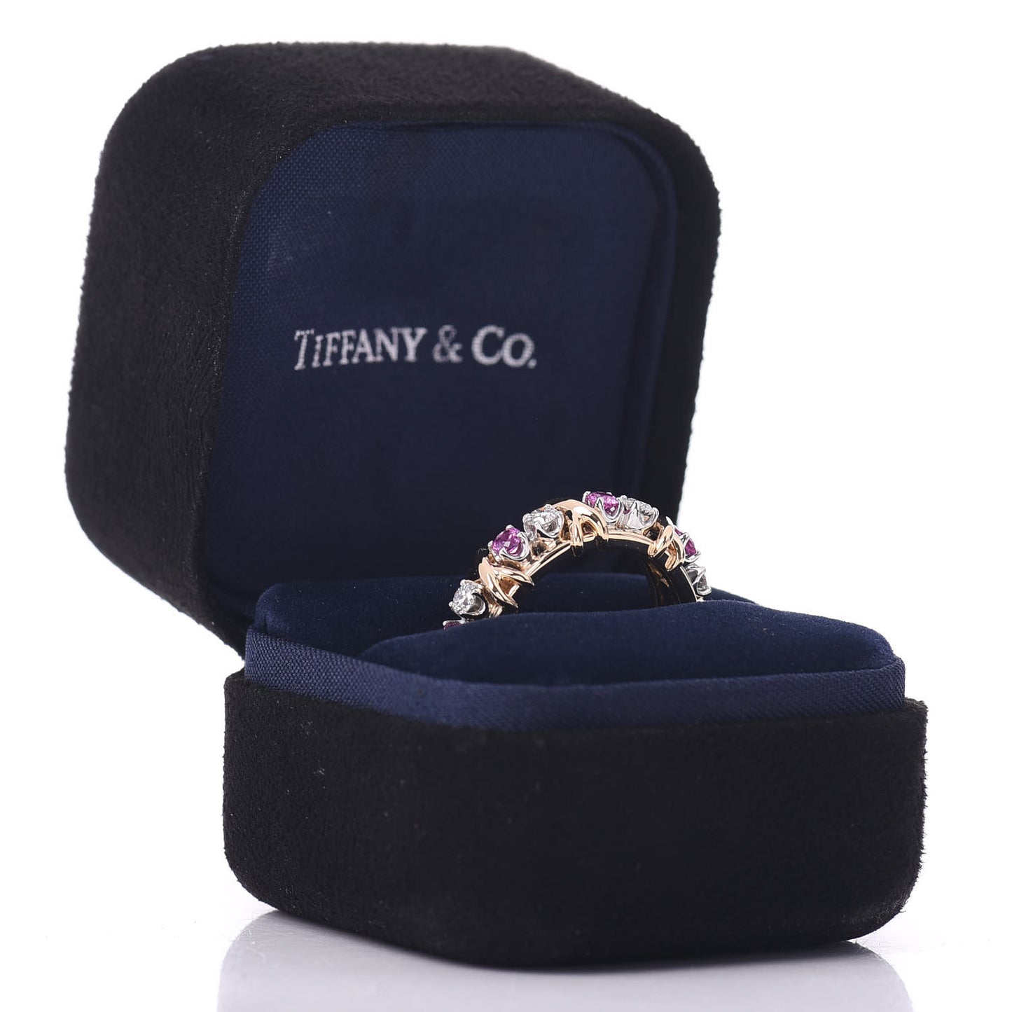 18K Yellow Gold Platinum Diamond Pink Sapphire Schlumberger Sixteen Stone Ring 56 7.5