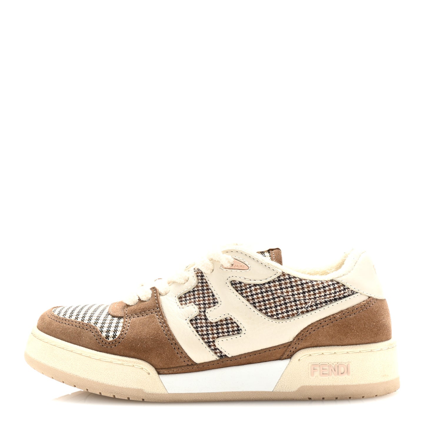 Calfskin Suede Houndstooth Fendi Match Low Top Sneakers 36 Cream Brown