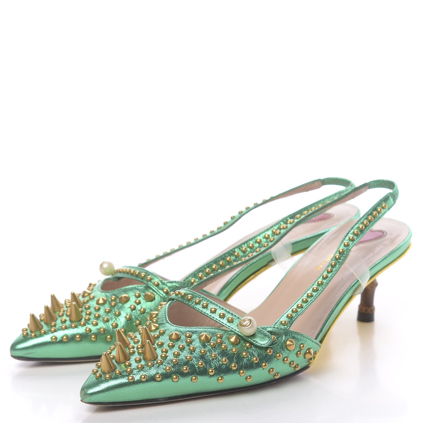 Metallic Calfskin Studded Unia Pointed Toe Low Heel Slingback Pumps 35.5 Green