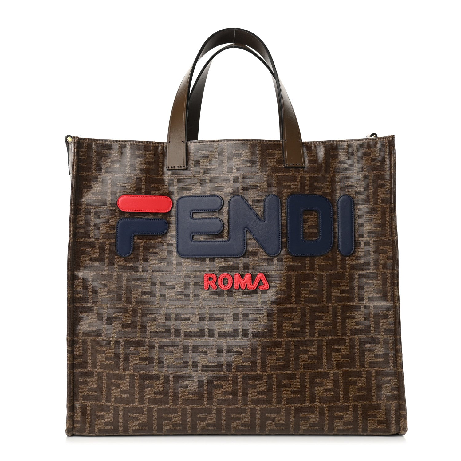 Fendi X FILA Glazed Fabric FF 1974 Mania Shopping Tote Bag Mogano Panna Blueberry 1 of 10