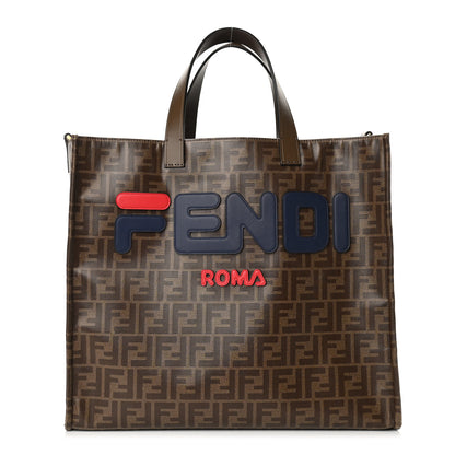 Fendi X FILA Glazed Fabric FF 1974 Mania Shopping Tote Bag Mogano Panna Blueberry 1 of 10