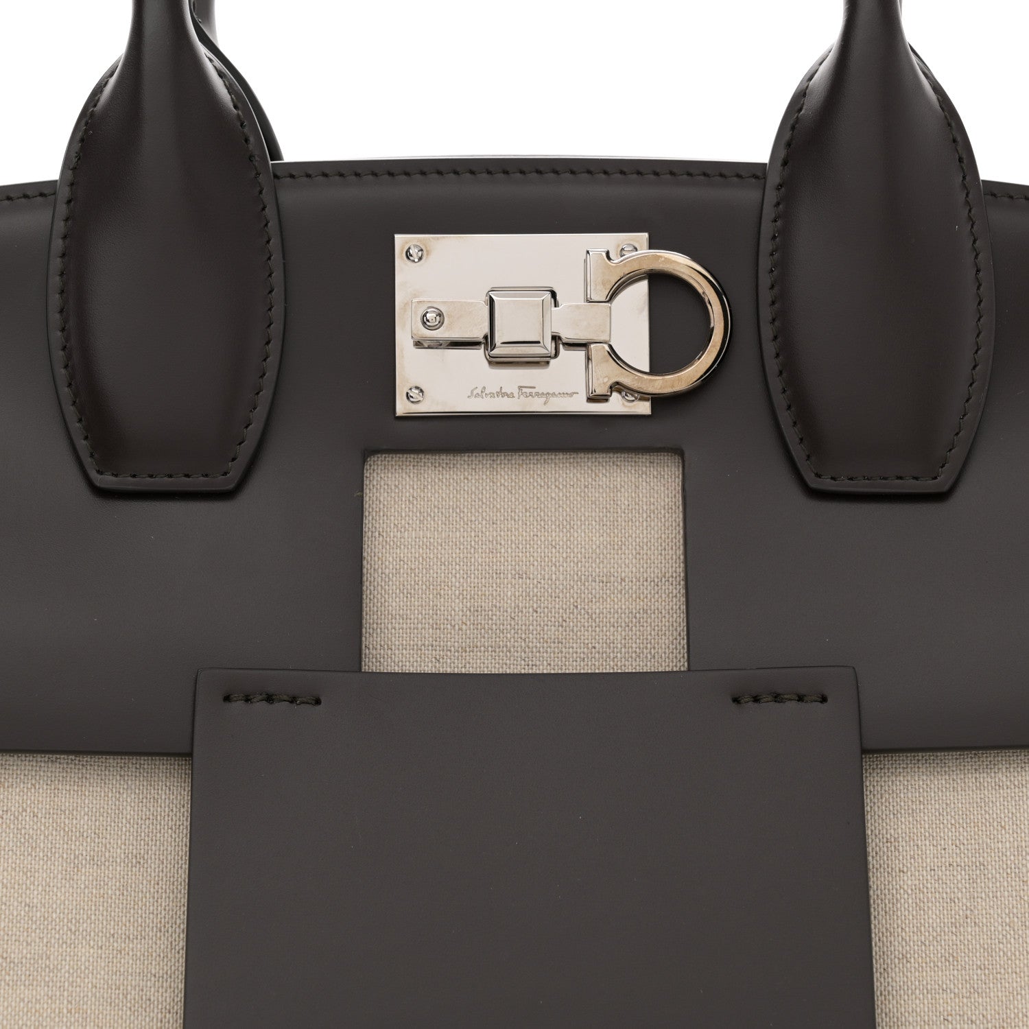Salvatore Ferragamo Hickory Calfskin Canvas Cutout The Studio Box Bag Beige Brown 8 of 15