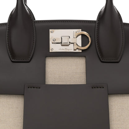 Salvatore Ferragamo Hickory Calfskin Canvas Cutout The Studio Box Bag Beige Brown 8 of 15