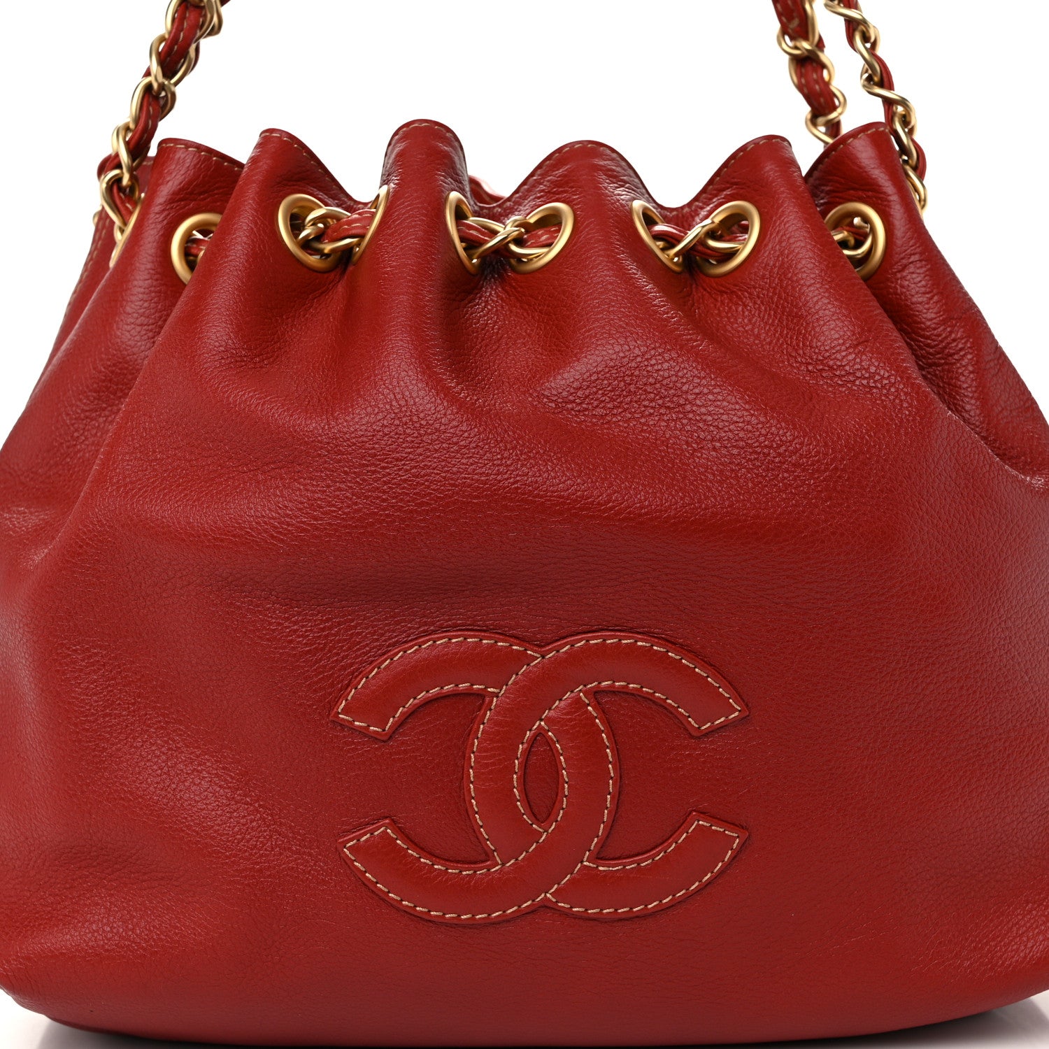 Chanel Grained Calfskin CC Drawstring Bucket Bag Red 9 of 12